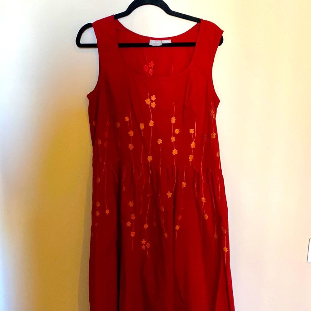 eShakti Red Sleeveless Floral Embroidery Midi Dress Size 14 EUC